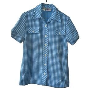 Vintage 1970s ZIO by Youngja Blue Gingham Short Sleeve Button Shirt Top Sz 9/10